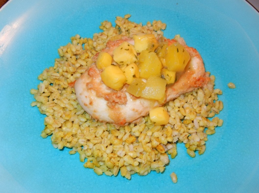 Ginger Chicken with Curried Barley & Pineapple Mango Salsa